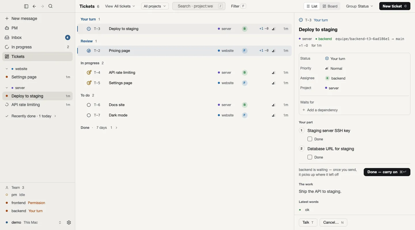 The equipe desktop app: a sidebar of live work, a ticket list grouped by status with “Your turn” and “Review” on top, and the open ticket beside it
