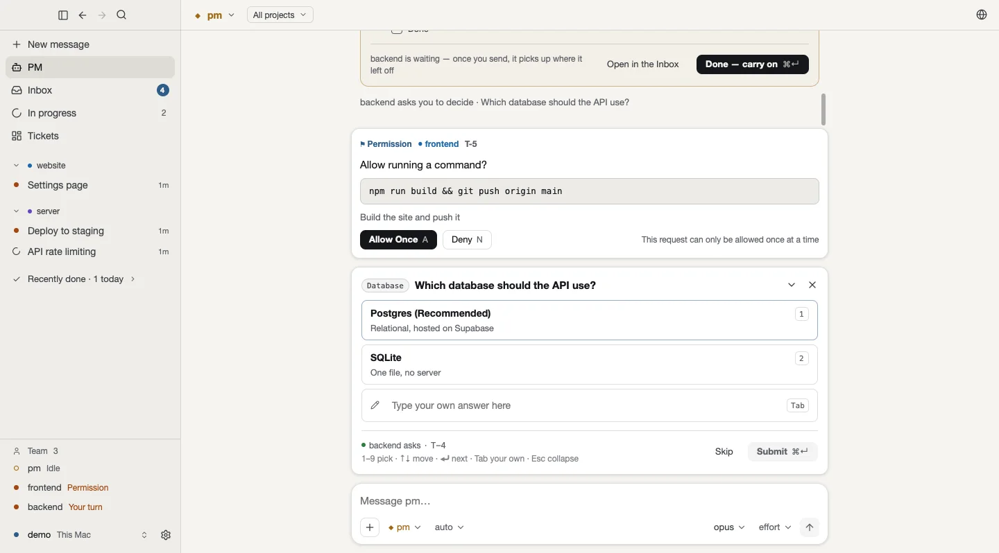 The equipe desktop app: in the PM conversation, a permission request and a question from a member wait for an answer.
